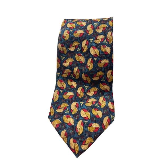 Ermenegildo Zegna Silk Tie Navy Blue Gold Red Abstract Geometric Pattern Z-7‎